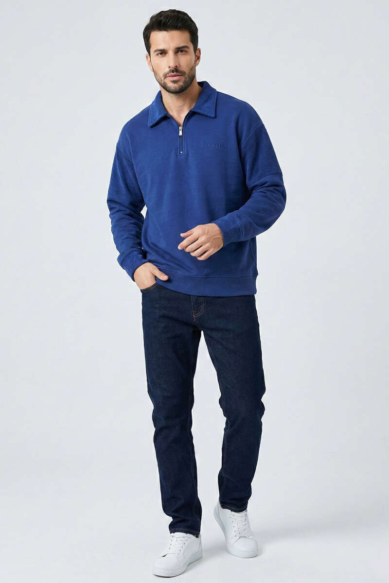 Yaka Fermuarlı Ribanalı Erkek Sweatshirt