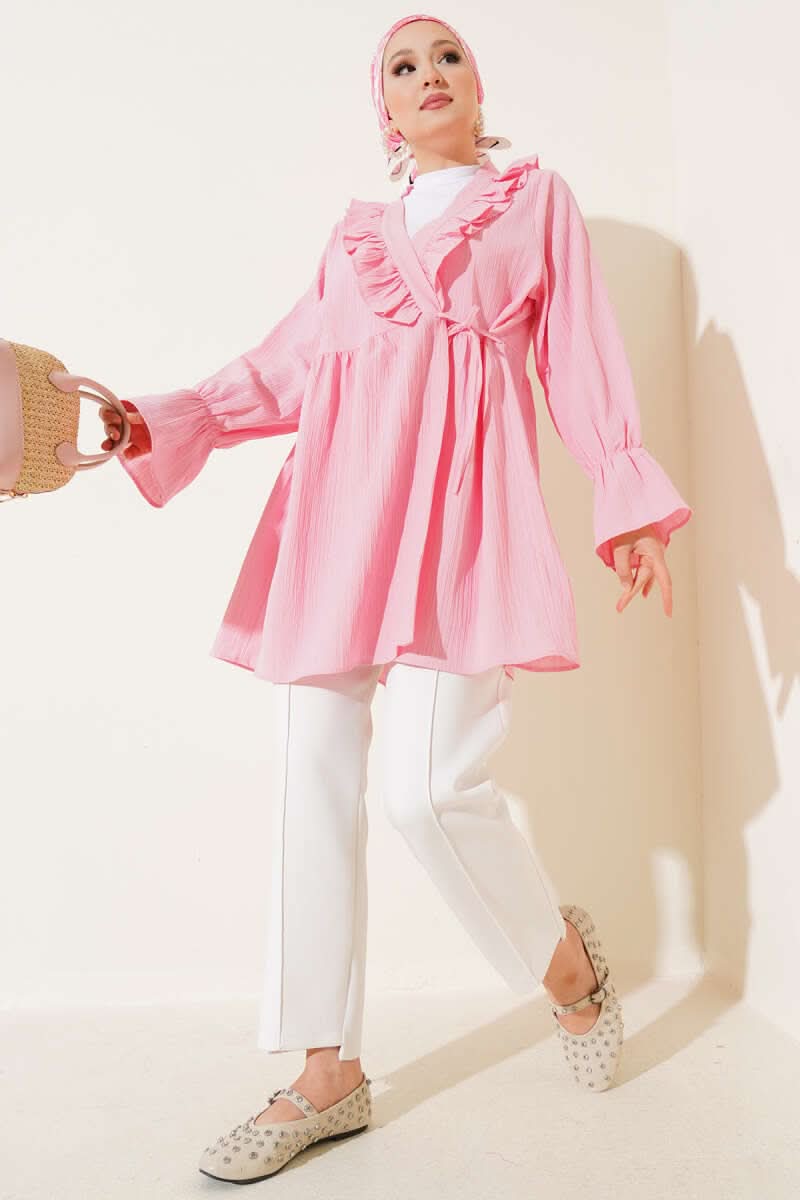 Collar Ruffled Kimono With Side String Ties