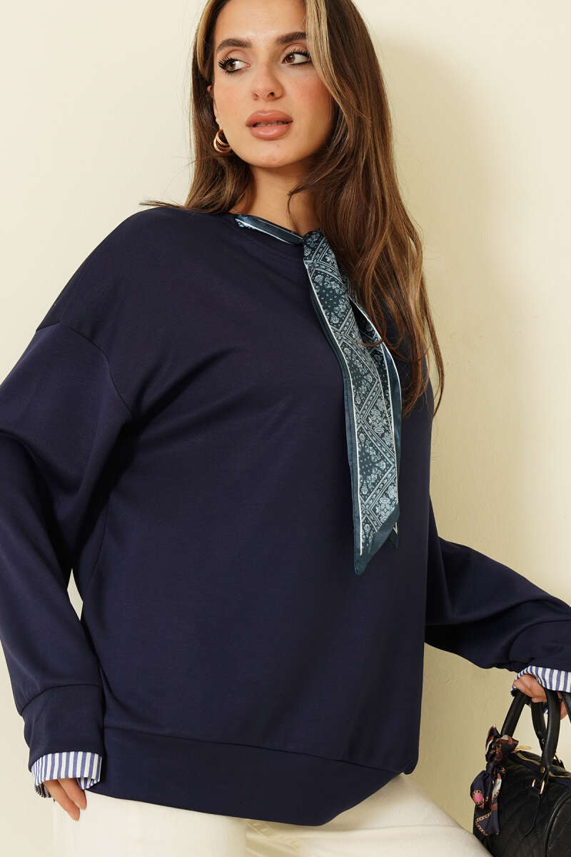 Yaka Fularlı Loyşa Sweatshirt Lacivert