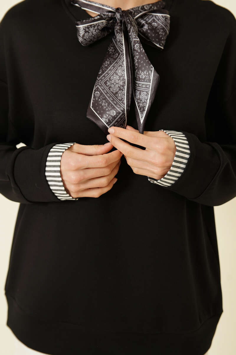 Yaka Fularlı Loyşa Sweatshirt Siyah