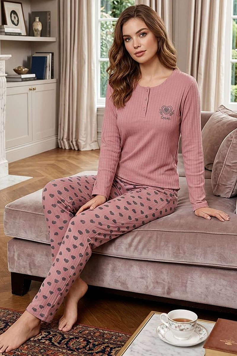 Yaka Kalp Nakışlı Uzun Kol Pijama Takım