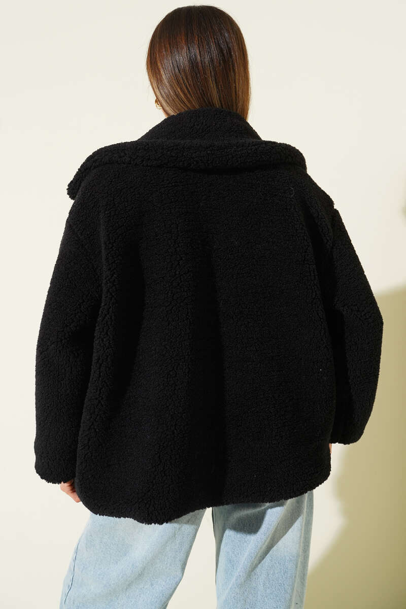 Yaka Kemerli Fermuarlı Peluş Mont