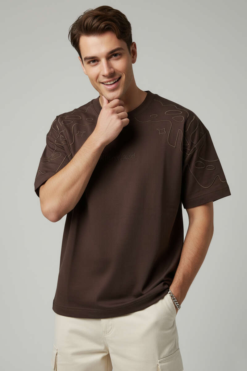 Yaka Kol Nakışlı Oversize Erkek T-shirt Acı Kahve
