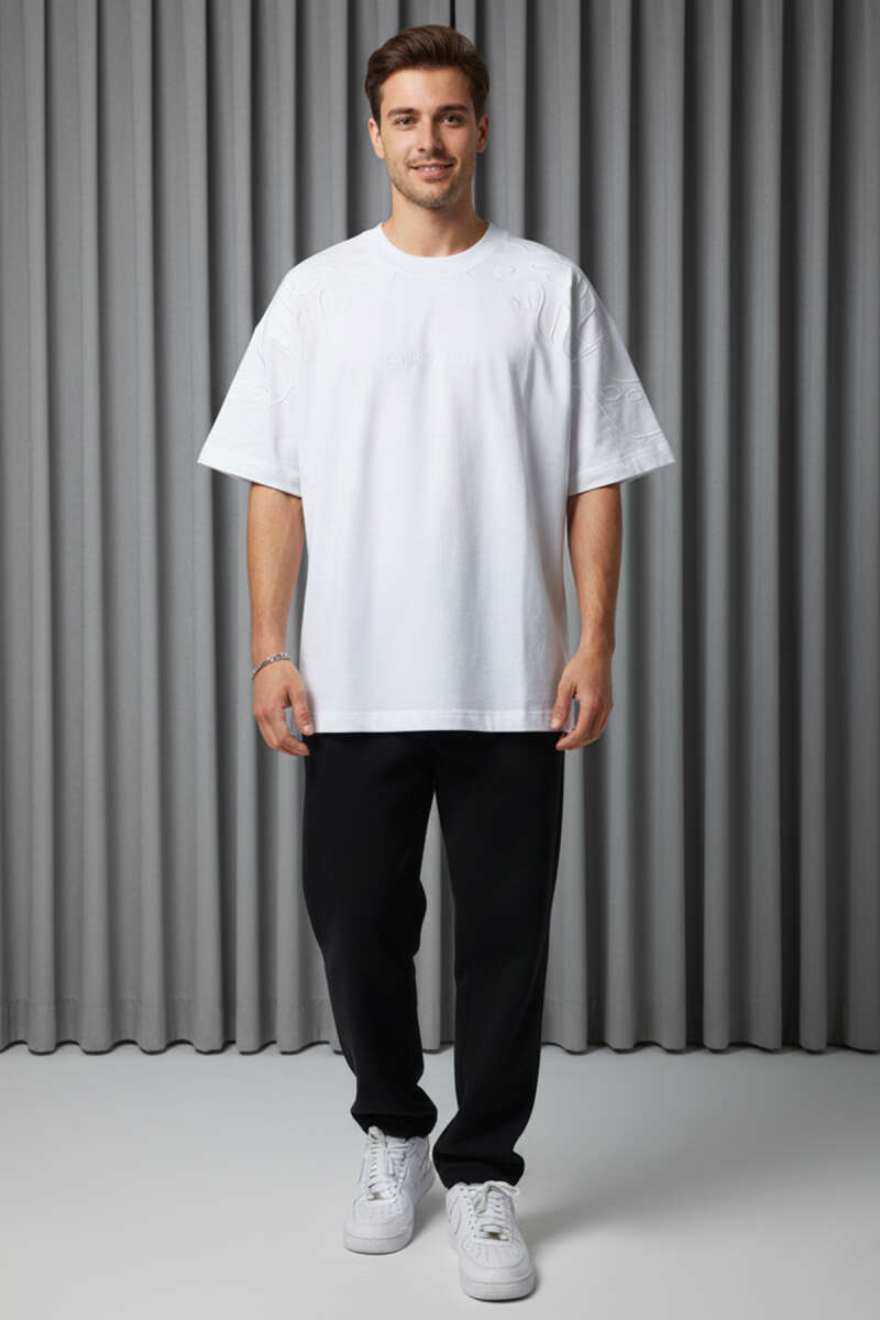 Yaka Kol Nakışlı Oversize Erkek T-shirt