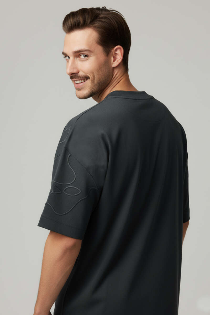 Yaka Kol Nakışlı Oversize Erkek T-shirt Nefti