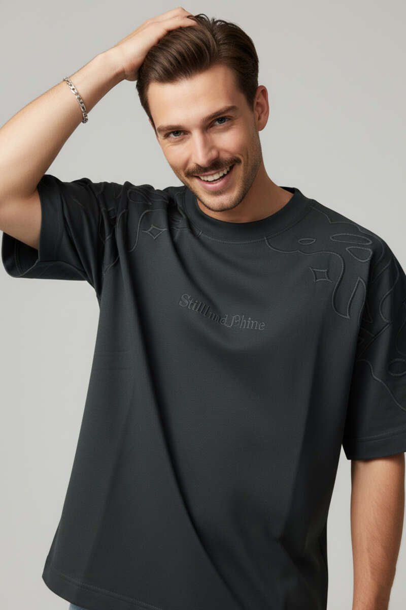 Yaka Kol Nakışlı Oversize Erkek T-shirt Nefti