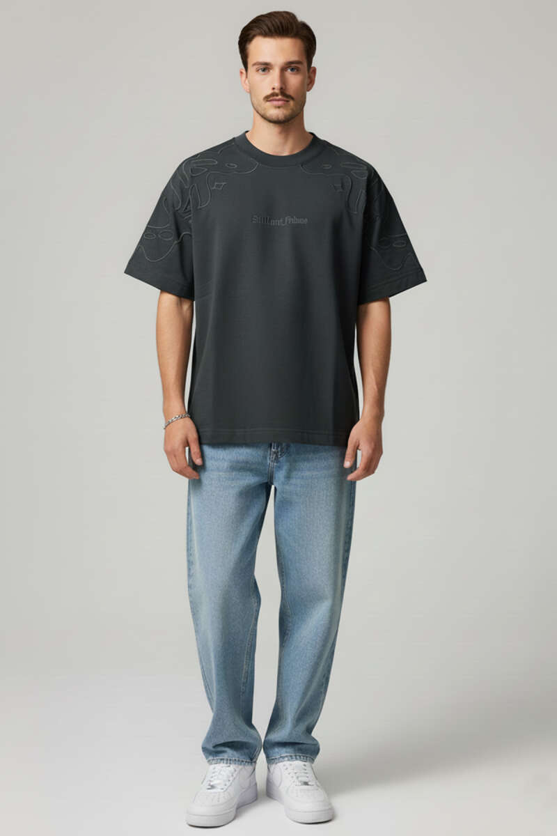 Yaka Kol Nakışlı Oversize Erkek T-shirt Nefti