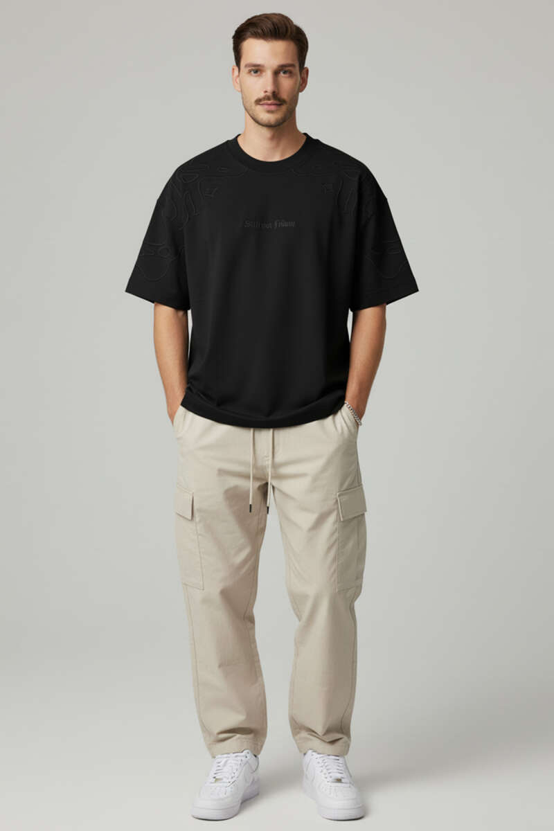 Yaka Kol Nakışlı Oversize Erkek T-shirt Siyah