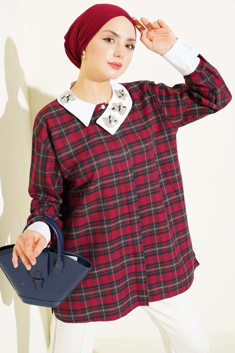 Plaid Patterned Shirt with Stone Collar