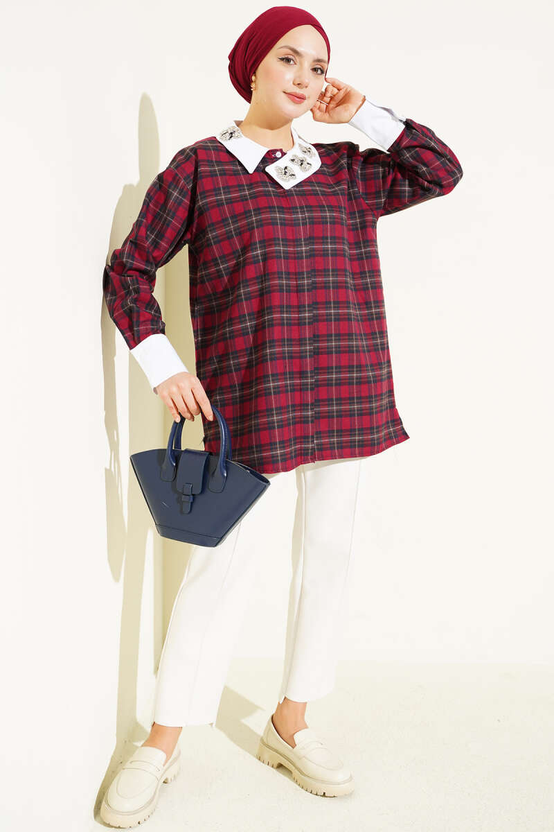 Plaid Patterned Shirt with Stone Collar