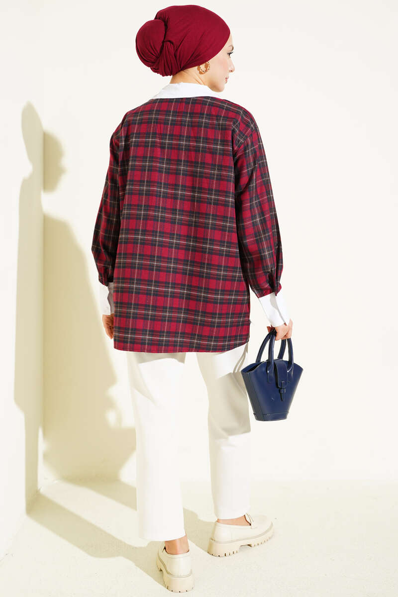 Plaid Patterned Shirt with Stone Collar