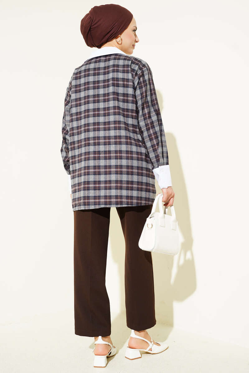 Plaid Patterned Shirt with Stone Collar