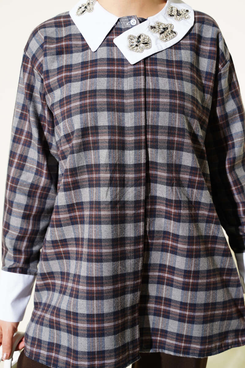 Plaid Patterned Shirt with Stone Collar