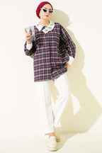Plaid Patterned Shirt with Stone Collar