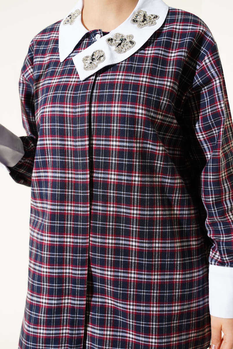 Plaid Patterned Shirt with Stone Collar