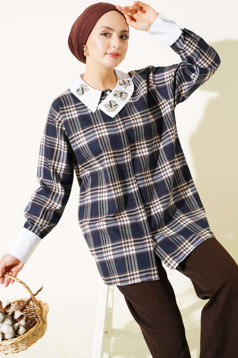 Plaid Patterned Shirt with Stone Collar