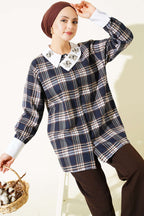 Plaid Patterned Shirt with Stone Collar