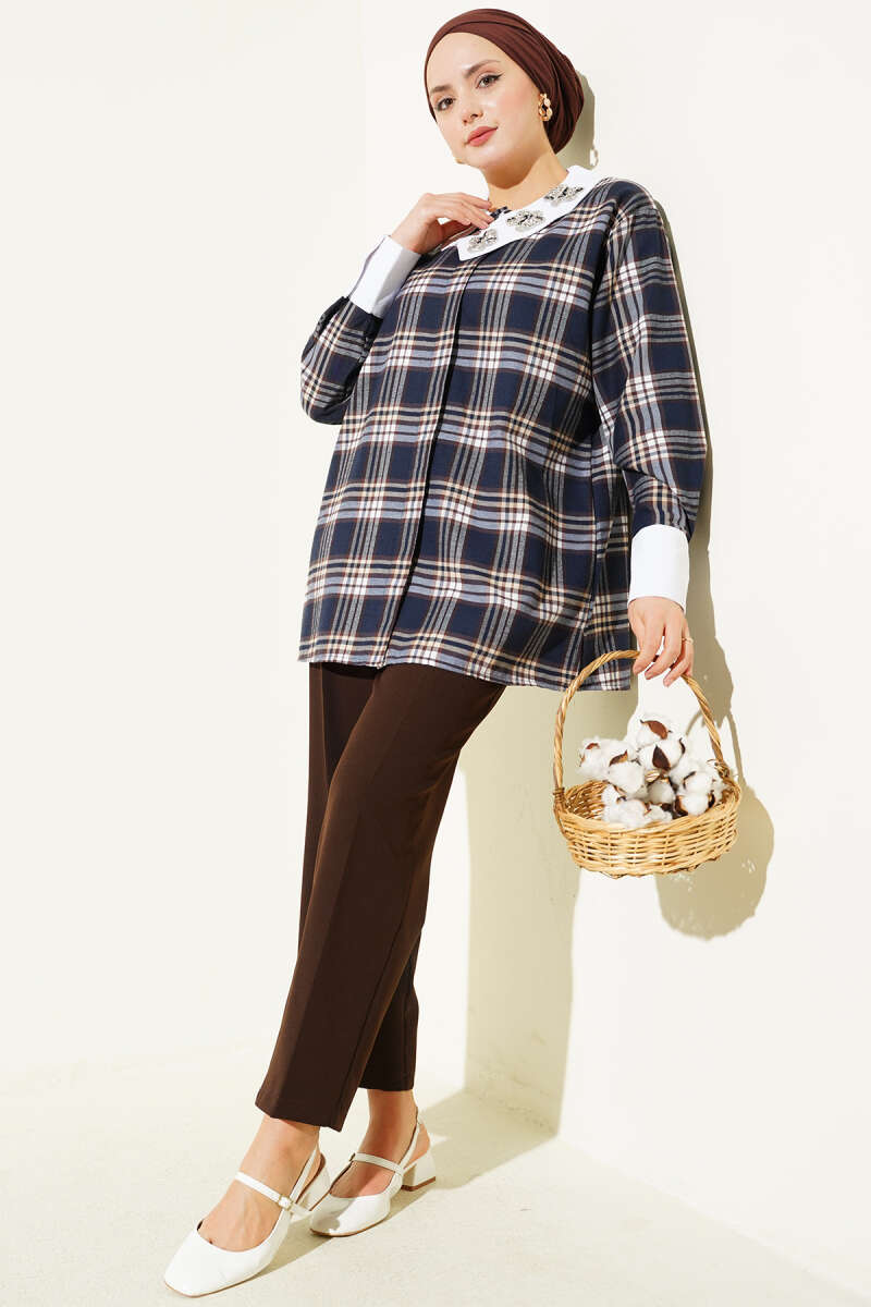 Plaid Patterned Shirt with Stone Collar