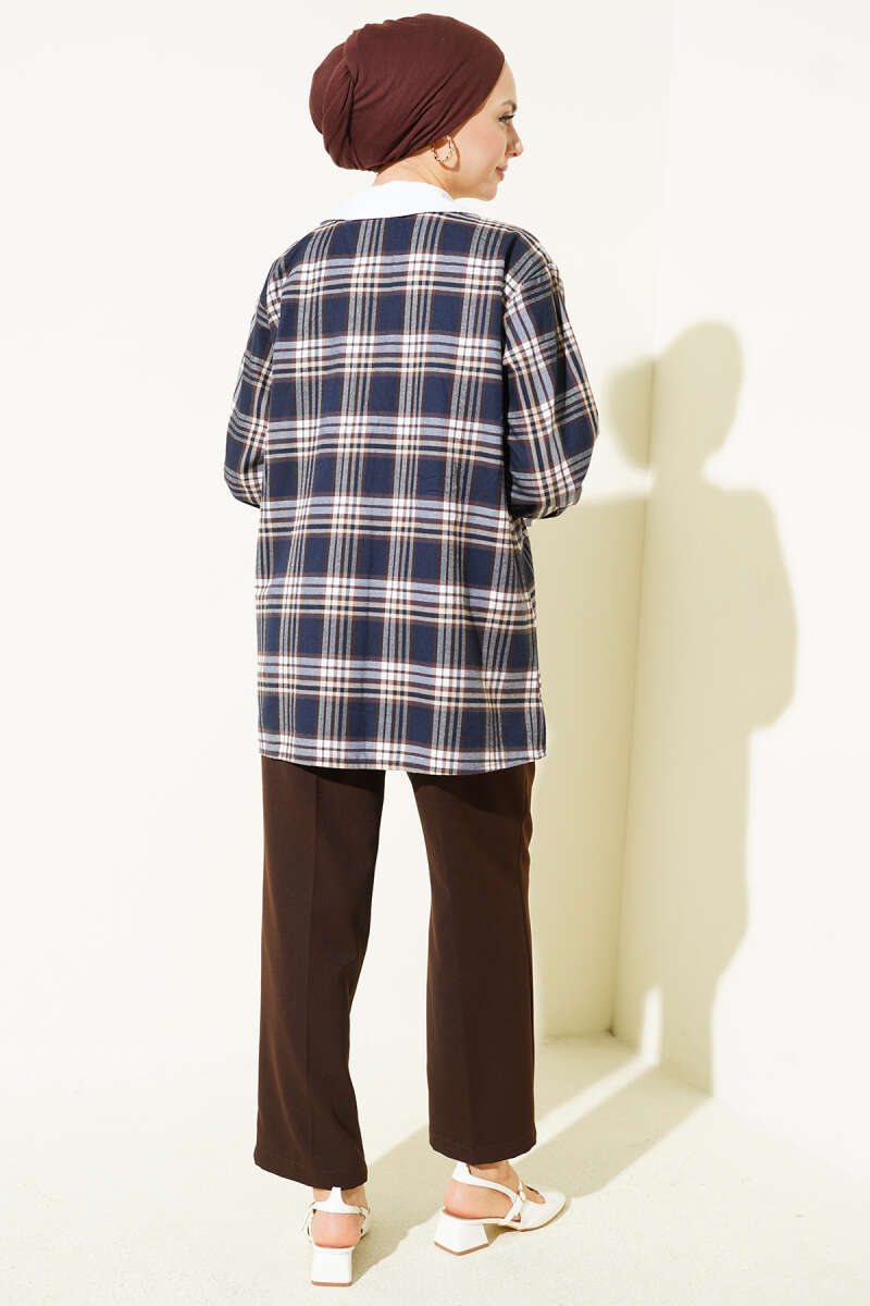 Plaid Patterned Shirt with Stone Collar