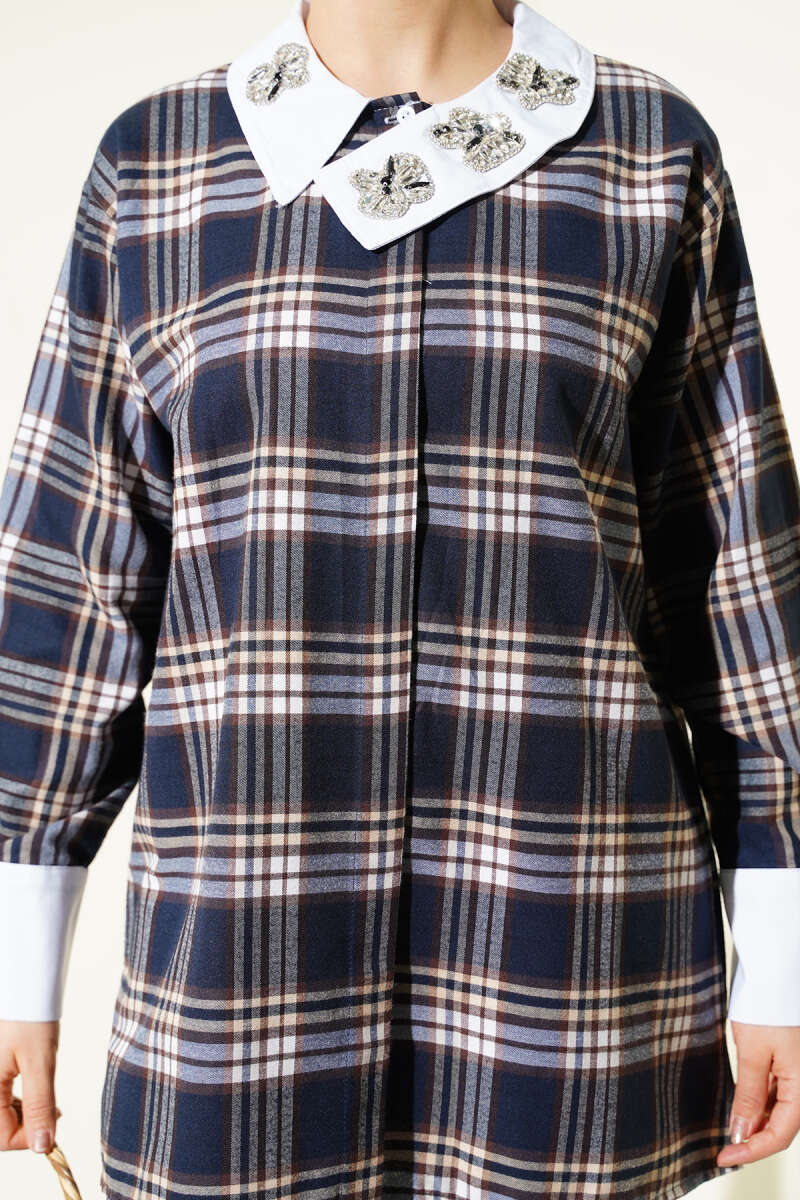 Plaid Patterned Shirt with Stone Collar