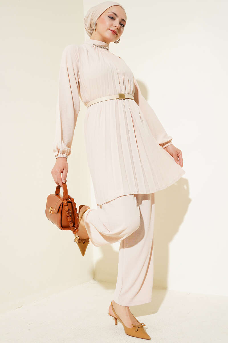 Yaka Taşlı Pileli Tunik İkili Takım