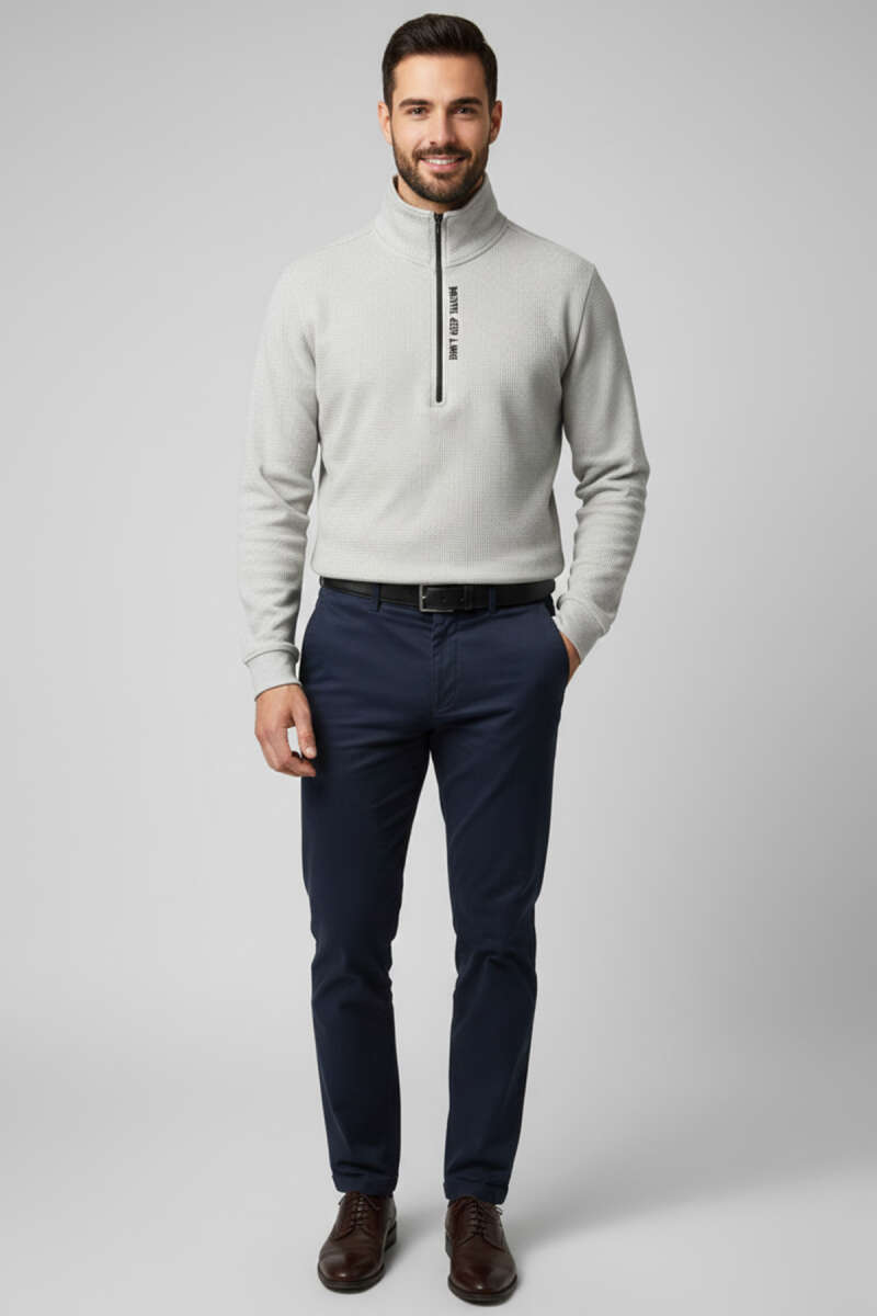 Yaka Yazılı Fermuarlı Erkek Sweatshirt Gri