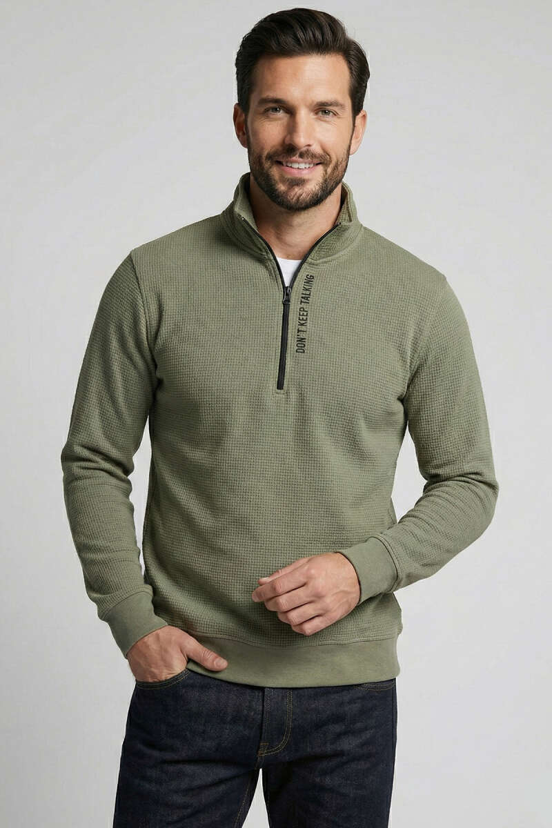 Yaka Yazılı Fermuarlı Erkek Sweatshirt Haki