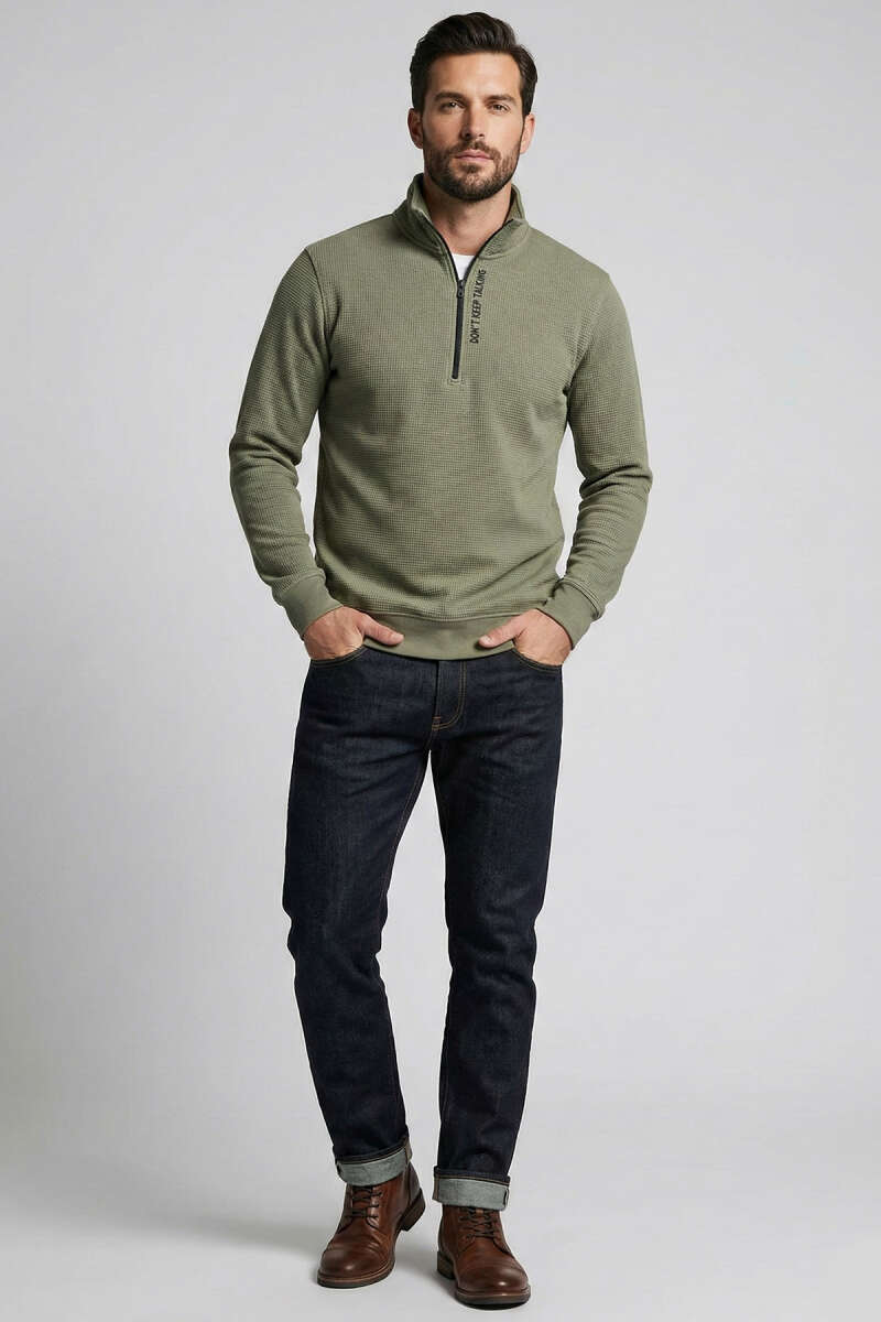 Yaka Yazılı Fermuarlı Erkek Sweatshirt Haki