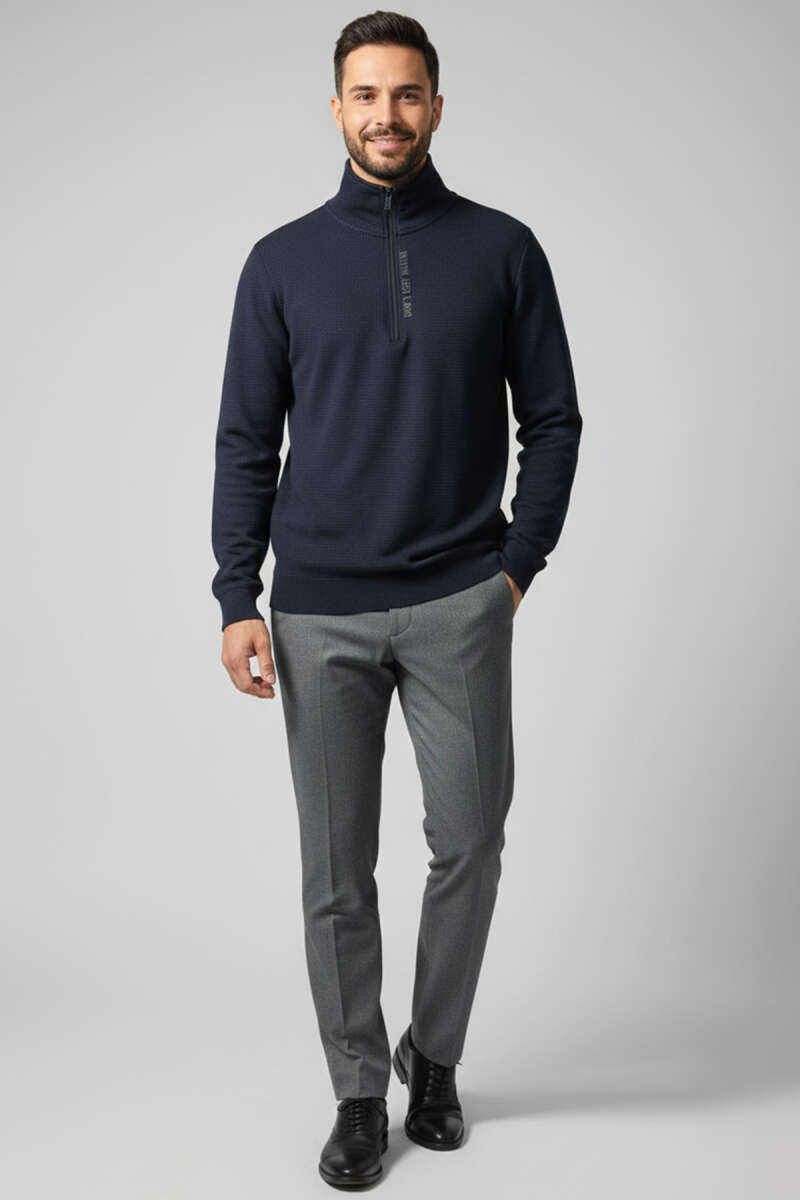 Yaka Yazılı Fermuarlı Erkek Sweatshirt Lacivert