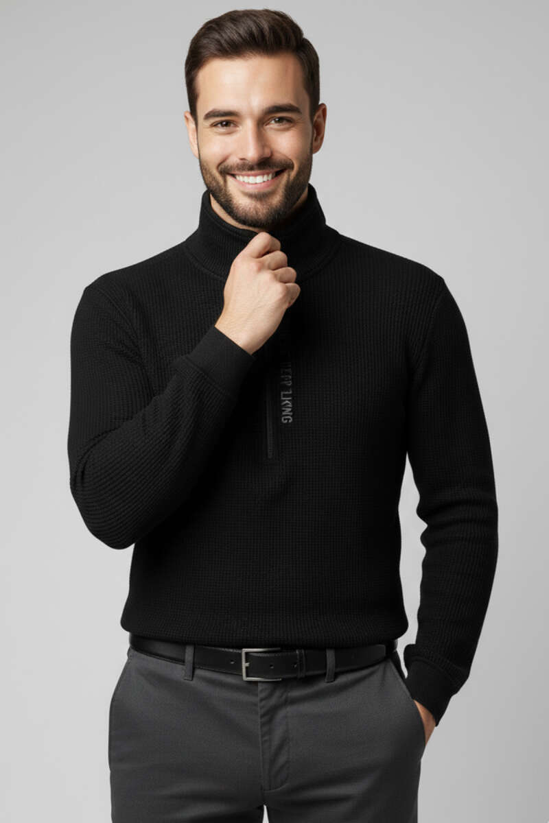 Yaka Yazılı Fermuarlı Erkek Sweatshirt Siyah