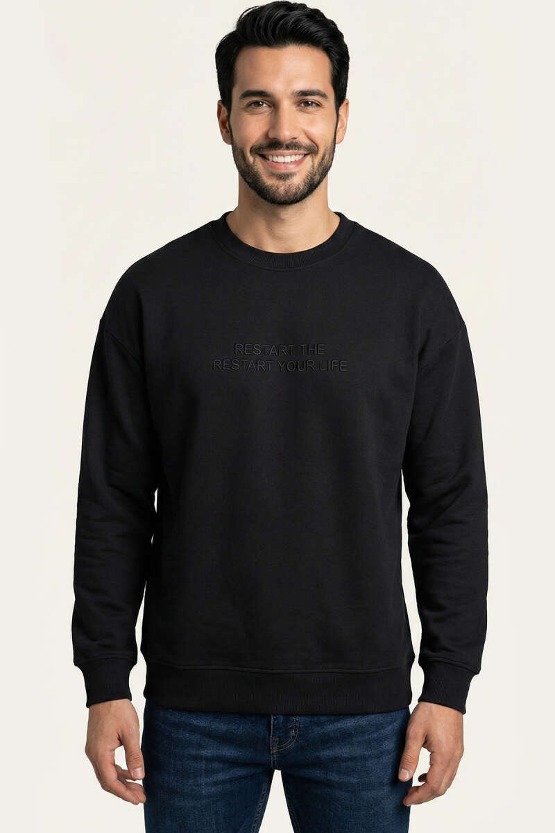 Yaka Yazılı Ribanalı Erkek Sweatshirt