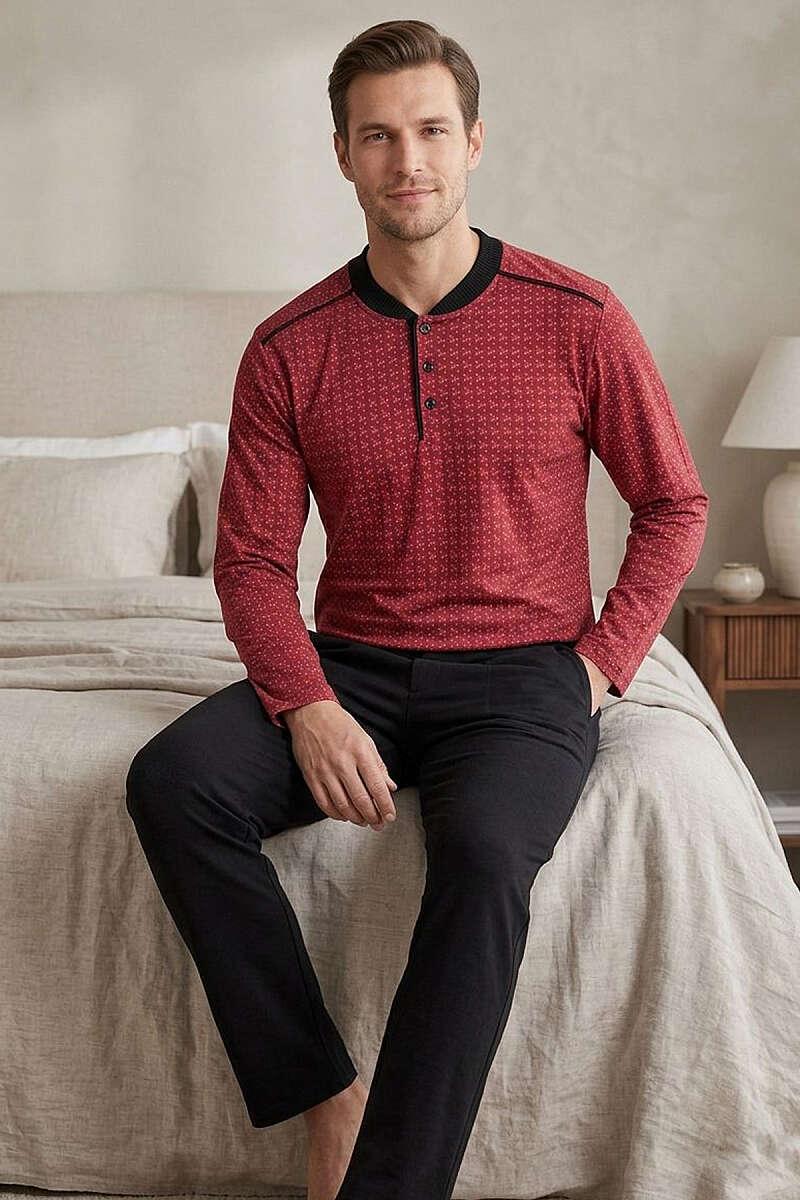 Yakası Düğmeli Desenli Erkek Pijama Takımı