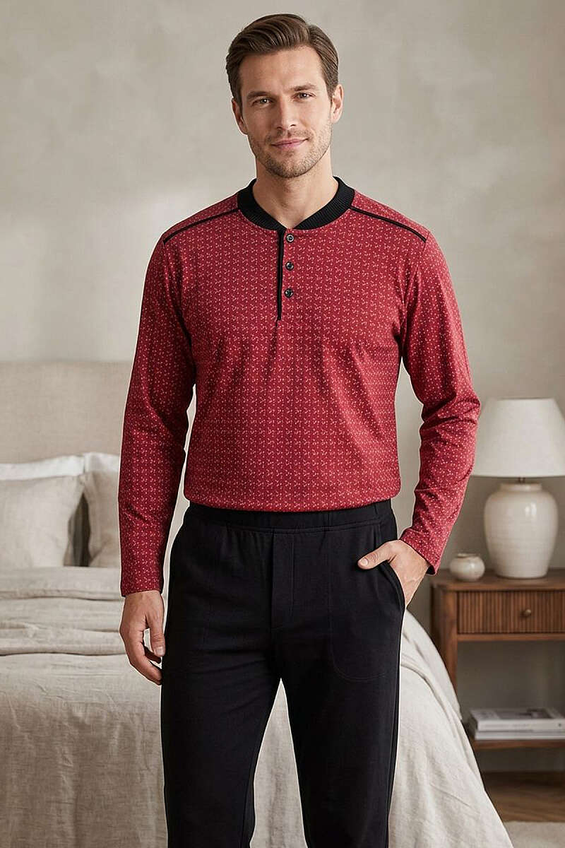 Yakası Düğmeli Desenli Erkek Pijama Takımı