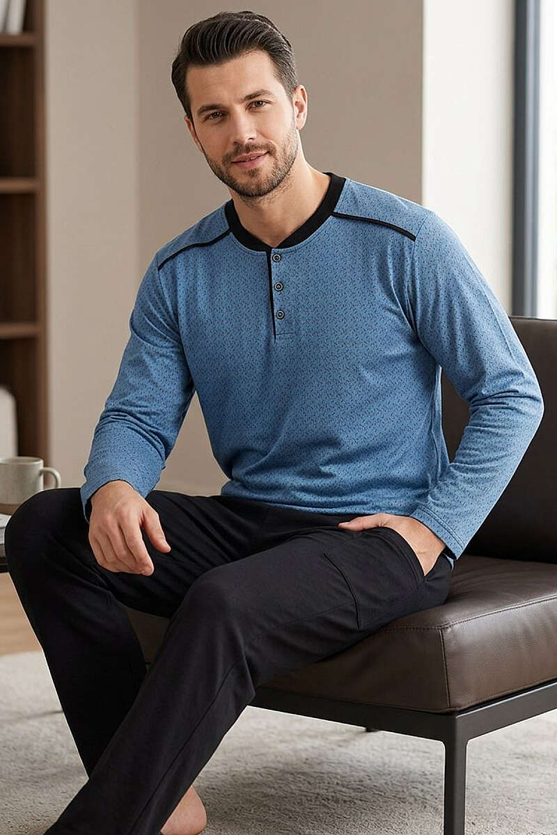 Yakası Düğmeli Desenli Erkek Pijama Takımı Mavi