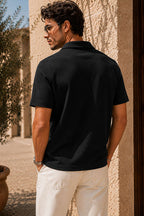 Yakası Yarım Fermuarlı Jakar Erkek T-shirt Siyah