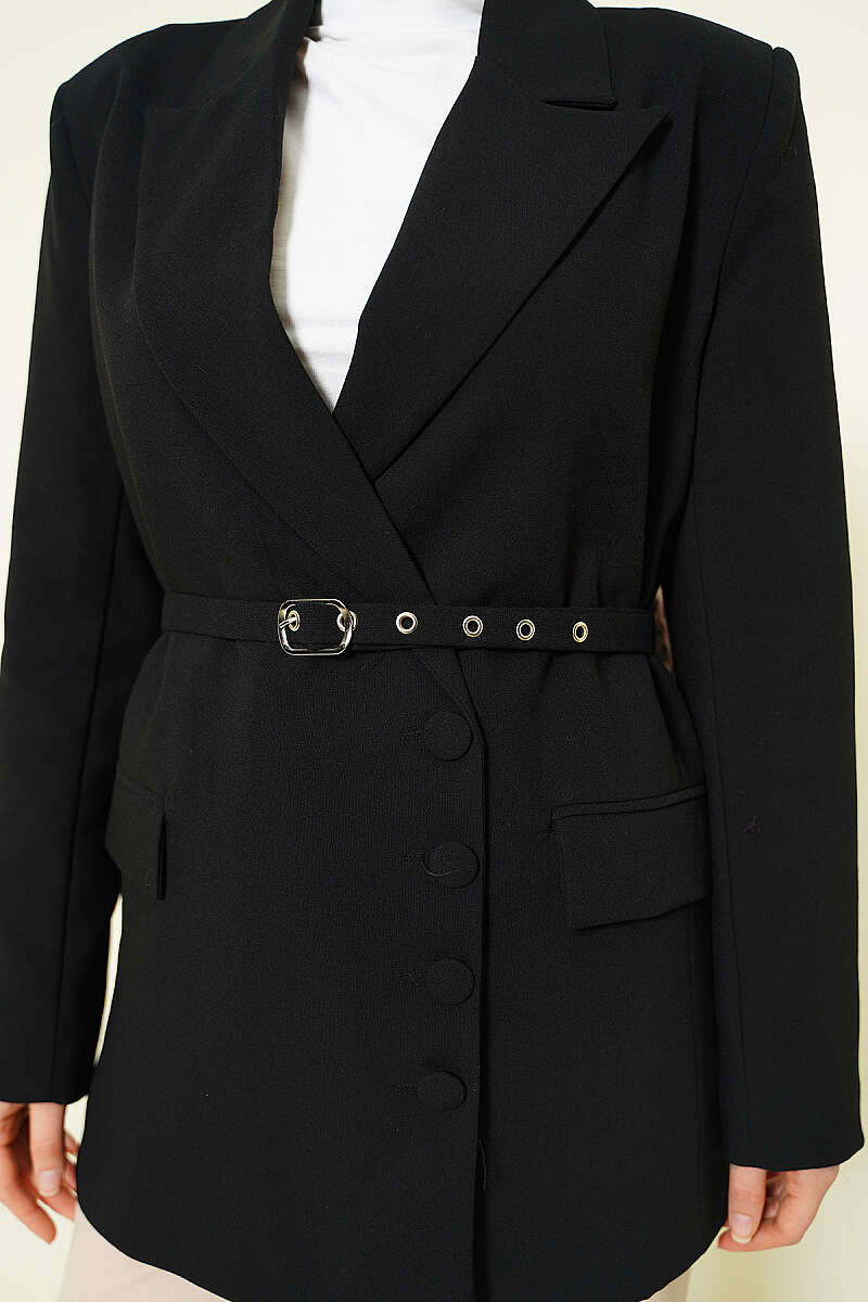 Yan Düğmeli Kemerli Blazer Ceket Siyah