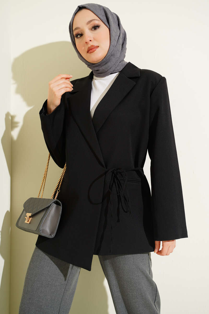 Yan İp Bağlamalı Kruvaze Blazer Ceket