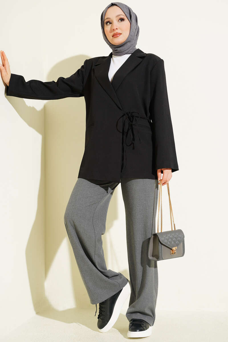 Yan İp Bağlamalı Kruvaze Blazer Ceket