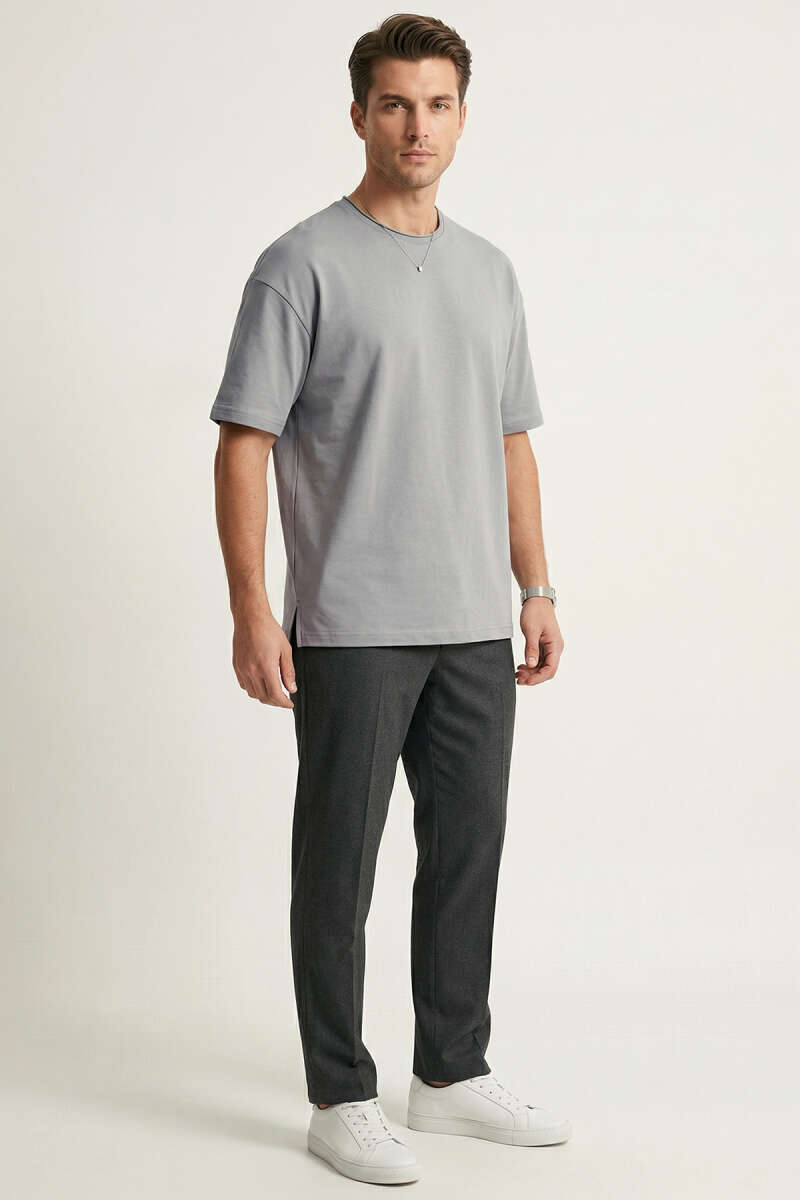 Yan Kesikli Basic Erkek T-shirt Gri