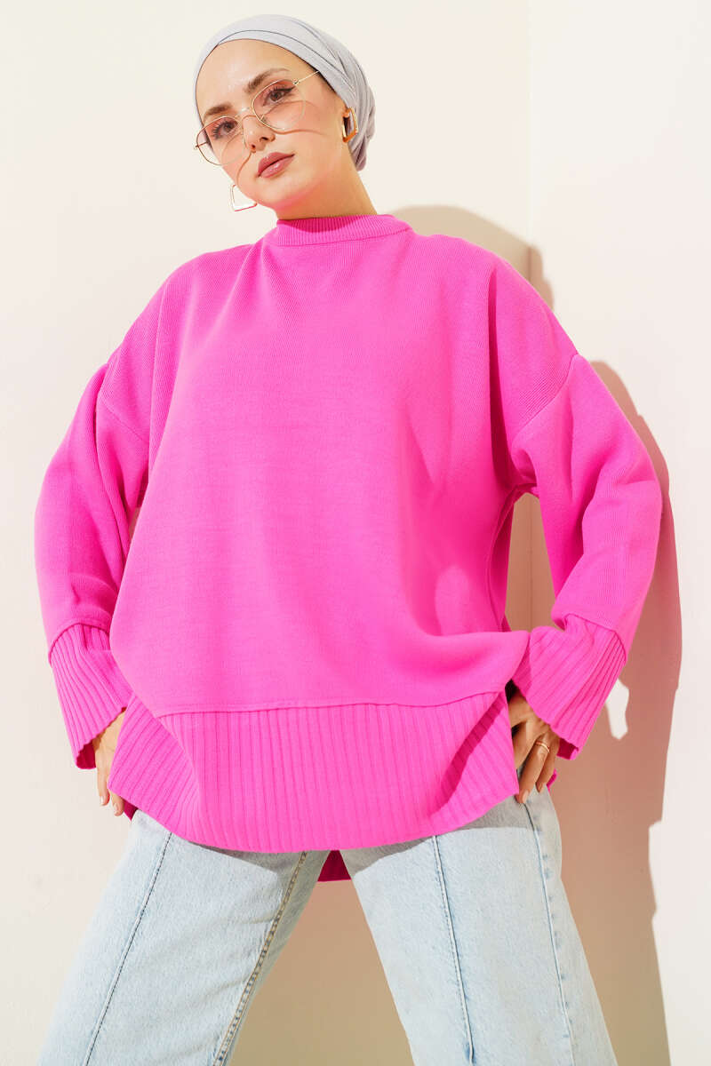 Yanı Yırtmaçlı Oversize Triko Tunik Fuşya