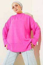 Yanı Yırtmaçlı Oversize Triko Tunik Fuşya