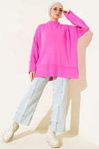 Yanı Yırtmaçlı Oversize Triko Tunik Fuşya