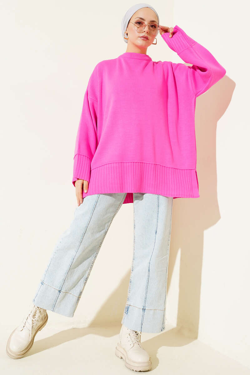 Yanı Yırtmaçlı Oversize Triko Tunik Fuşya