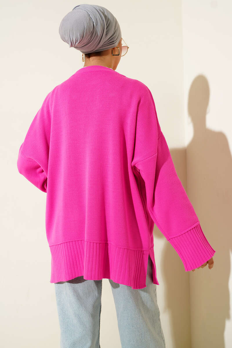 Yanı Yırtmaçlı Oversize Triko Tunik Fuşya