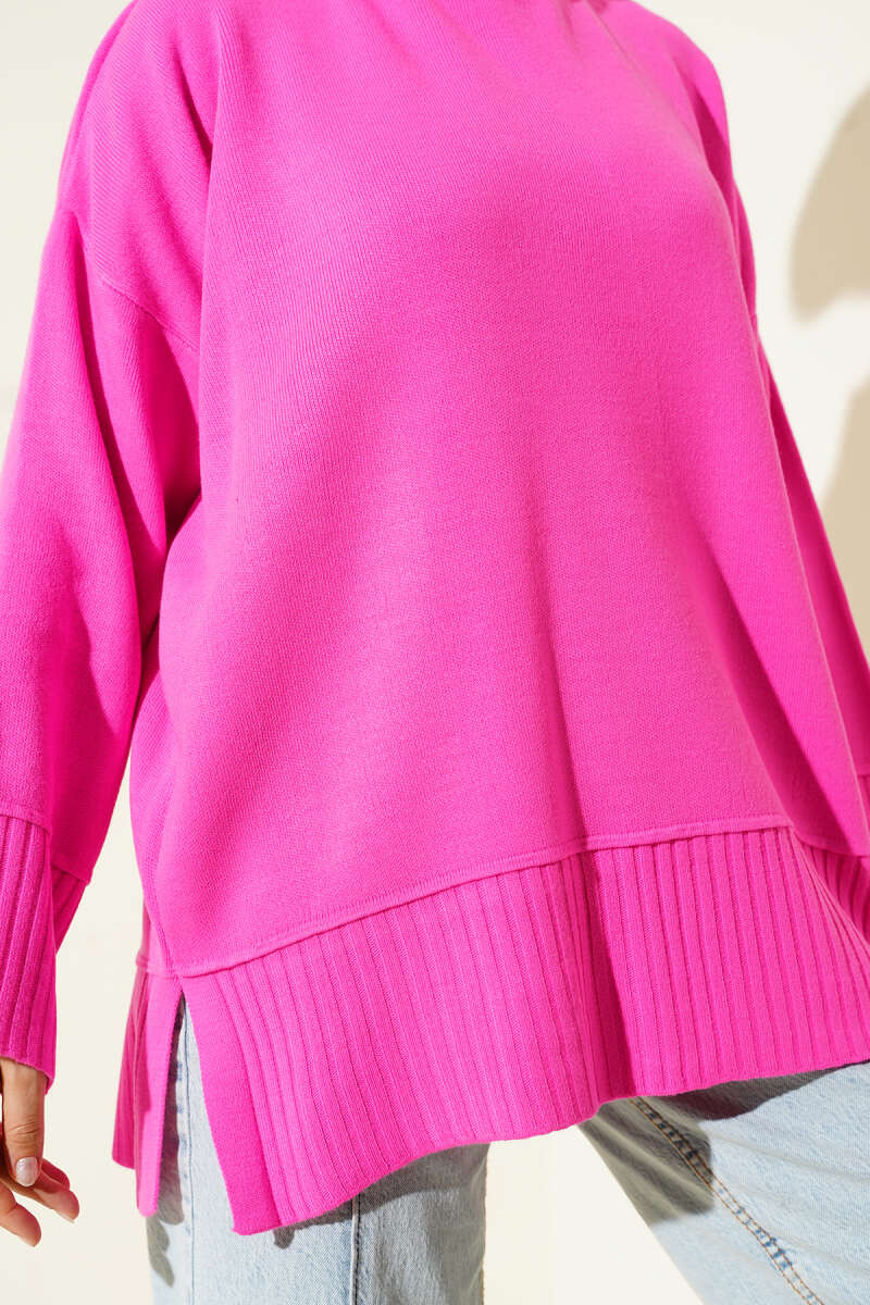 Yanı Yırtmaçlı Oversize Triko Tunik Fuşya