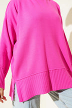 Yanı Yırtmaçlı Oversize Triko Tunik Fuşya