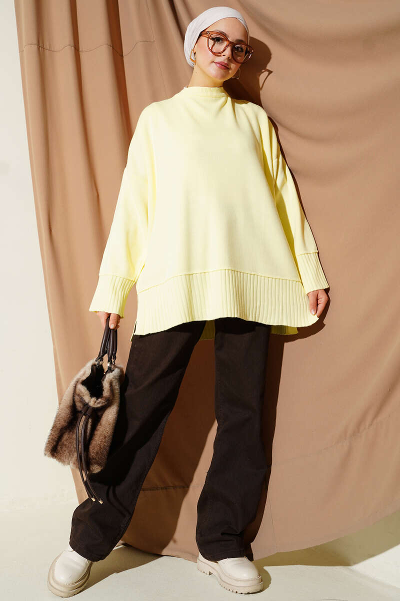 Yanı Yırtmaçlı Oversize Triko Tunik Sarı