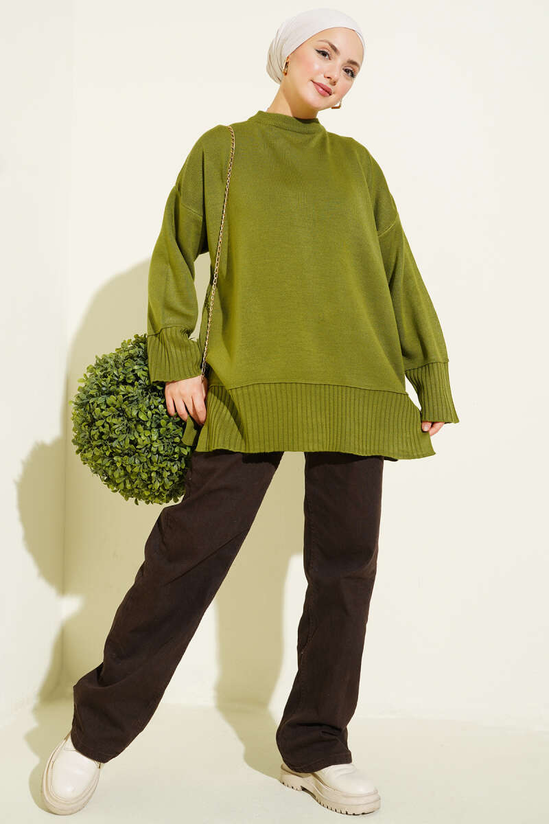 Yanı Yırtmaçlı Oversize Triko Tunik Yağ Yeşili