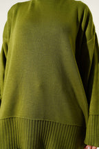 Yanı Yırtmaçlı Oversize Triko Tunik Yağ Yeşili