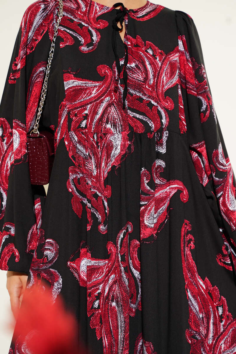 Yarasa Kol Bağcıklı Desenli Elbise